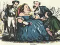 Caricatura del reinado de Isabel II: una reina obesa recibe pleitesía de cortesanos.