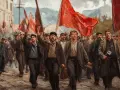 Manifestación de obreros con banderas rojas, evocando el bienio radical cedista. Hombres con gorras y ropas oscuras marchan con determinación.