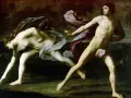 Pintura del barroco: Atalanta y Hipómenes compiten en una carrera, él usa manzanas doradas para distraerla.