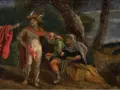 Un hombre con túnica roja señala a Mercurio, quien se dirige a una pareja de ancianos. Curiosidades del Renacimiento.