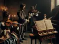 Músicos de época interpretan música en un clavecín y violines, evocando la atmósfera de los compositores del barroco.