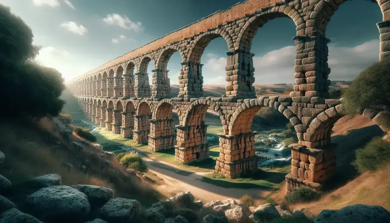 Imponente acueducto de piedra, testimonio de la ingeniería de la edad antigua, se alza majestuoso sobre un paisaje rural.