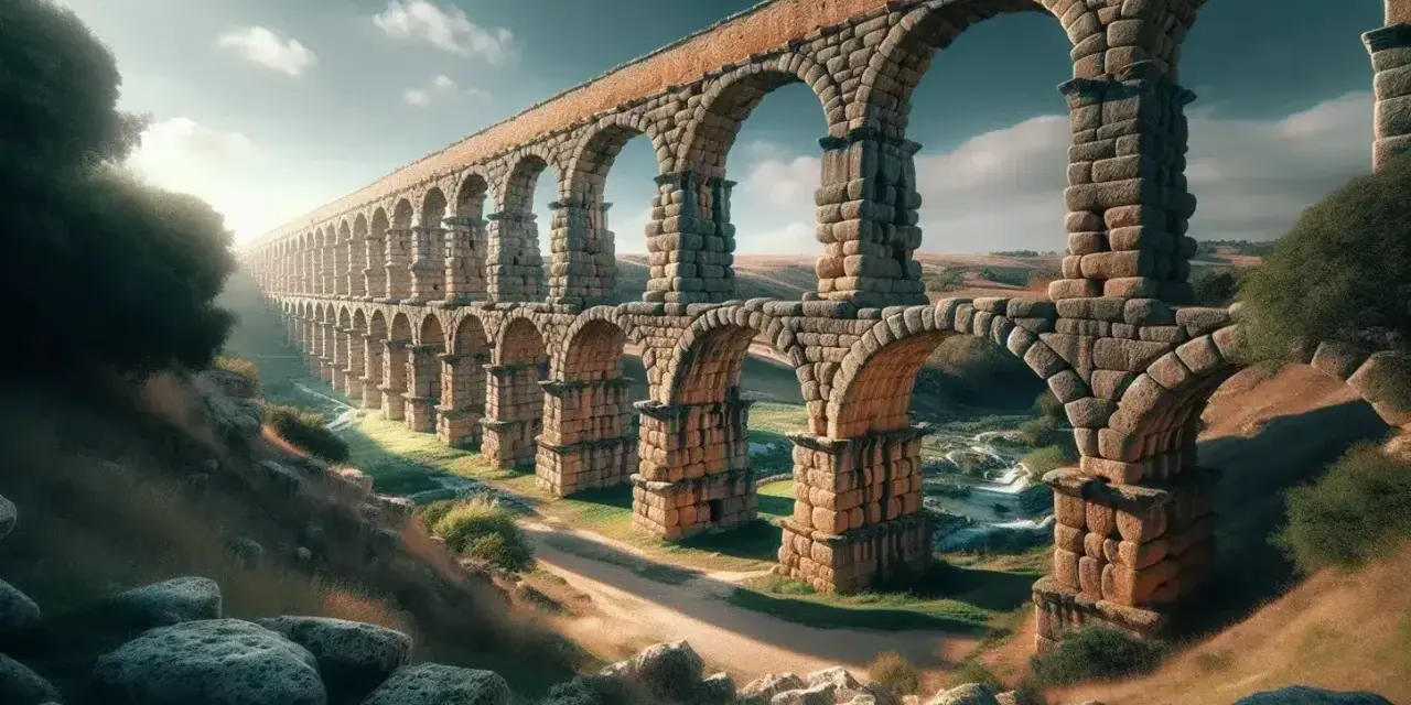 Imponente acueducto de piedra, testimonio de la ingeniería de la edad antigua, se alza majestuoso sobre un paisaje rural.