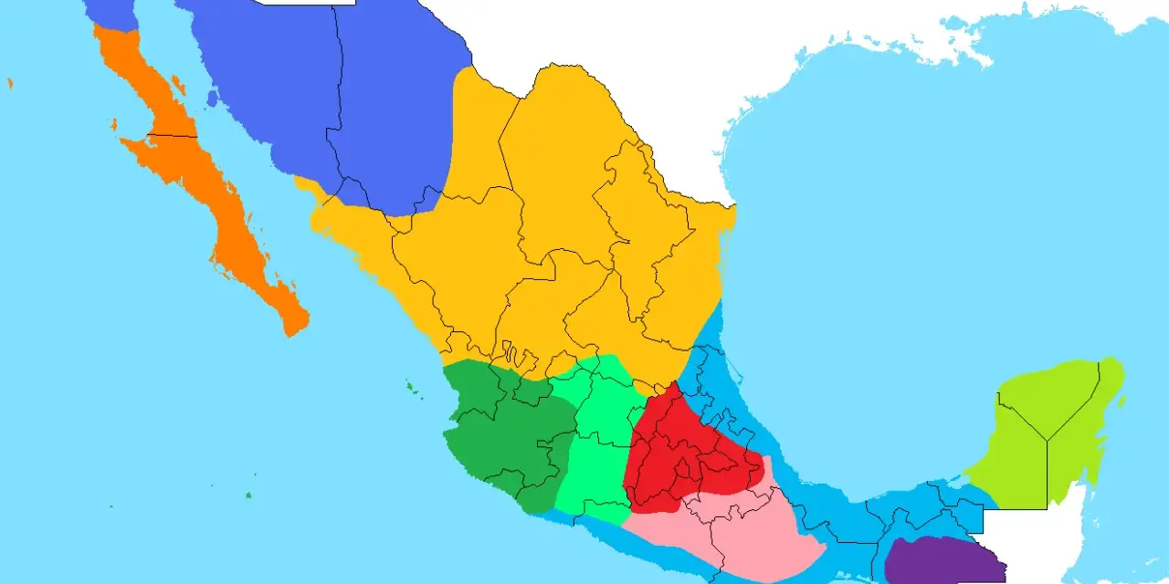 Mapa de México con áreas coloreadas que representan diferentes tipos de dialectos.