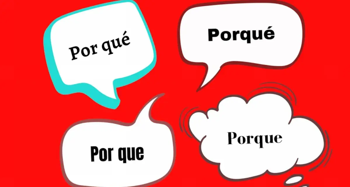 Cuatro bocadillos de diálogo en español: "Por qué", "Porqué", "Porque" y "Por que". Cada uno plantea una pregunta o respuesta diferente, explorando el significado de "por qué".