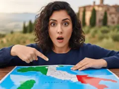 Mujer sorprendida señalando un mapa de Italia con la bandera italiana.