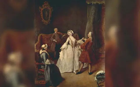 Una escena de la historia de la danza: un hombre toca el violín mientras una pareja baila y otra mujer observa.