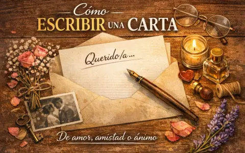 Cómo escribir una carta: un sobre abierto, pluma, tinta, vela, gafas y un ramo de rosas. Ideal para expresar amor, amistad o ánimo.