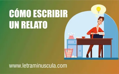 Hombre con idea de bombilla escribiendo en máquina de escribir, aprendiendo como escribir una historia.