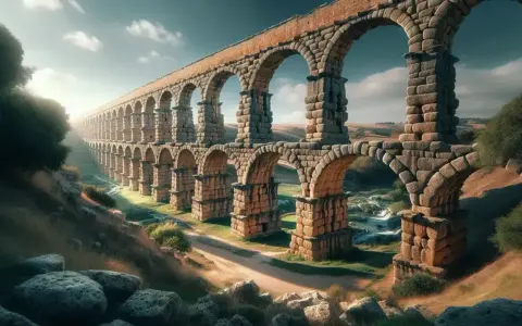 Imponente acueducto de piedra, testimonio de la ingeniería de la edad antigua, se alza majestuoso sobre un paisaje rural.