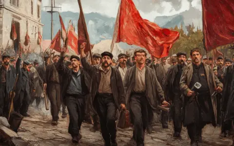 Manifestación de obreros con banderas rojas, evocando el bienio radical cedista. Hombres con gorras y ropas oscuras marchan con determinación.