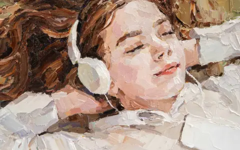 Retrato de una joven con auriculares, sumergida en el impresionismo musical. Su rostro relajado y ojos cerrados transmiten la profunda conexión con la melodía.
