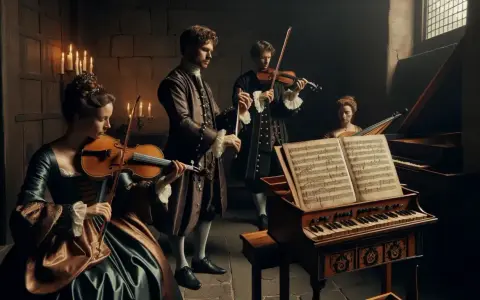 Músicos de época interpretan música en un clavecín y violines, evocando la atmósfera de los compositores del barroco.