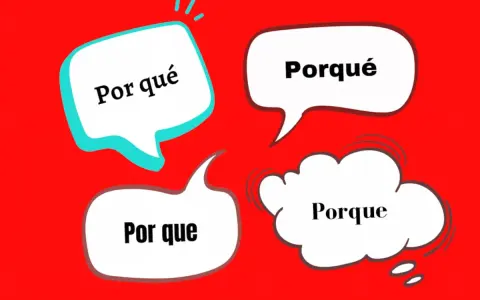 Cuatro bocadillos de diálogo en español: "Por qué", "Porqué", "Porque" y "Por que". Cada uno plantea una pregunta o respuesta diferente, explorando el significado de "por qué".