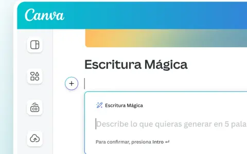 Interfaz de Canva con la función "Escritura Mágica" activa. Un sitio para escribir ideas y generar contenido.