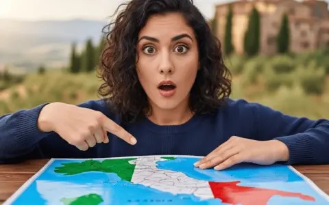 Mujer sorprendida señalando un mapa de Italia con la bandera italiana.