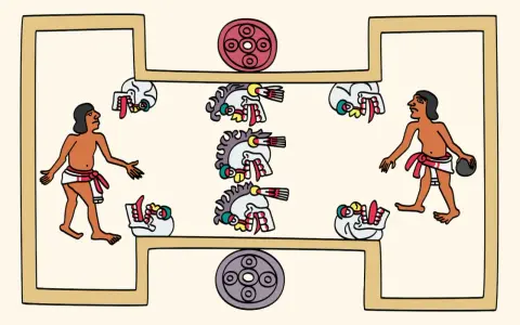 Jugadores de **deporte azteca pelota** en un juego ritual, con cabezas de serpiente y discos decorativos.