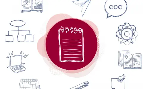 Un cuaderno, un portátil, un calendario y otros elementos gráficos que representan recursos para escritores.