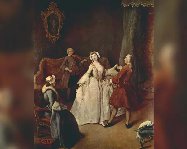 Una escena de la historia de la danza: un hombre toca el violín mientras una pareja baila y otra mujer observa.