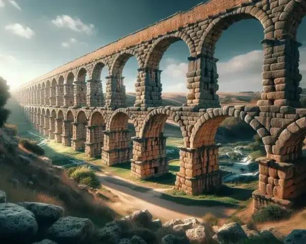 Imponente acueducto de piedra, testimonio de la ingeniería de la edad antigua, se alza majestuoso sobre un paisaje rural.