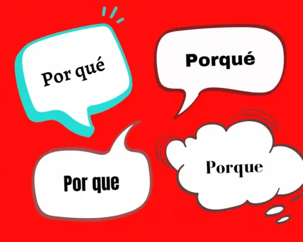 Cuatro bocadillos de diálogo en español: "Por qué", "Porqué", "Porque" y "Por que". Cada uno plantea una pregunta o respuesta diferente, explorando el significado de "por qué".