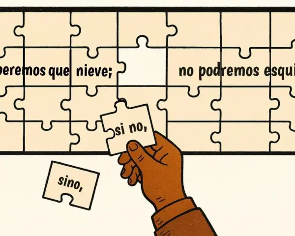 Un rompecabezas con la frase "Esperemos que nieve; no podremos esquiar". Una mano sostiene la pieza "si no,".