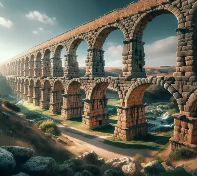 Imponente acueducto de piedra, testimonio de la ingeniería de la edad antigua, se alza majestuoso sobre un paisaje rural.