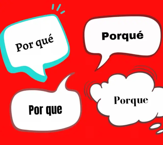 Cuatro bocadillos de diálogo en español: "Por qué", "Porqué", "Porque" y "Por que". Cada uno plantea una pregunta o respuesta diferente, explorando el significado de "por qué".