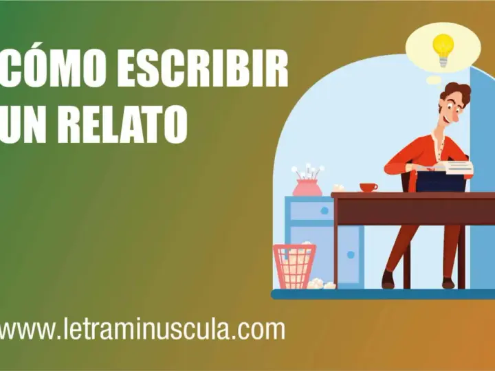 Hombre con idea de bombilla escribiendo en máquina de escribir, aprendiendo como escribir una historia.