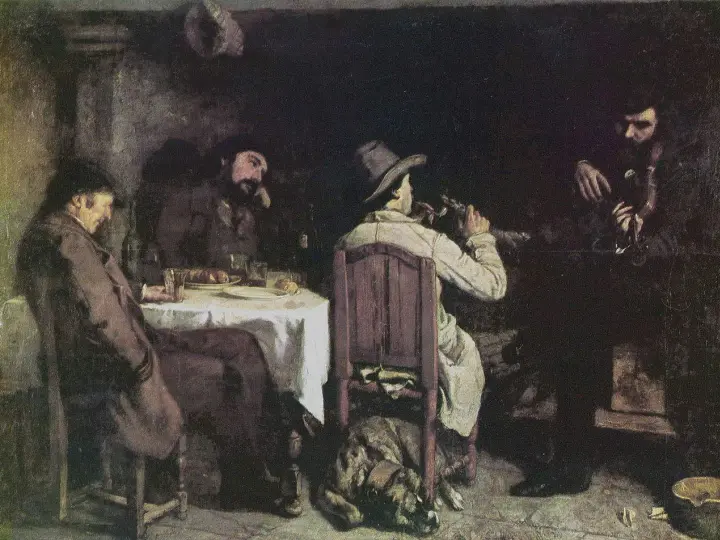 Obras de arte de Gustave Courbet: hombres reunidos en una taberna, uno toca la flauta, otro bebe, un perro duerme.