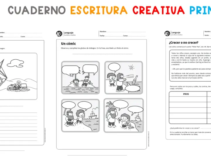 Ficha de escritura con actividades: un niño en parapente, un cómic para completar diálogos y un texto sobre crecer.