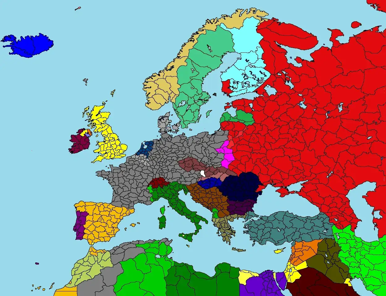 Mapa de Europa con divisiones políticas coloreadas, representando la 2 guerra mundial. Se observan grandes bloques de color rojo (URSS), amarillo (Reino Unido), gris (Alemania y aliados), y otros colores para países menores.