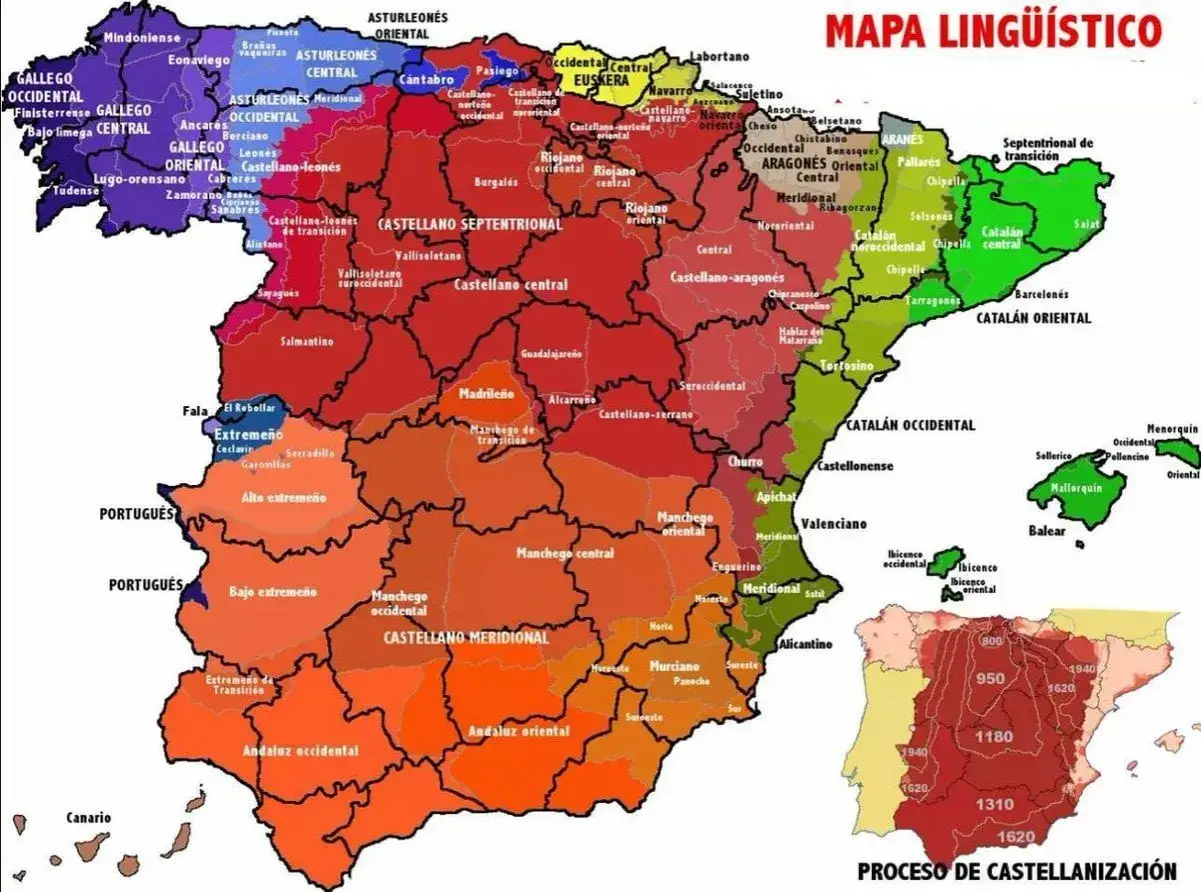 Mapa lingüístico de España que muestra los diversos tipos de dialectos y su distribución geográfica.