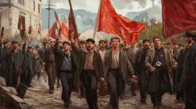 Manifestación de obreros con banderas rojas, evocando el bienio radical cedista. Hombres con gorras y ropas oscuras marchan con determinación.