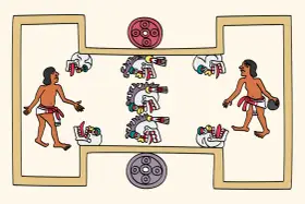 Jugadores de **deporte azteca pelota** en un juego ritual, con cabezas de serpiente y discos decorativos.