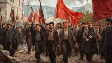 Manifestación de obreros con banderas rojas, evocando el bienio radical cedista. Hombres con gorras y ropas oscuras marchan con determinación.