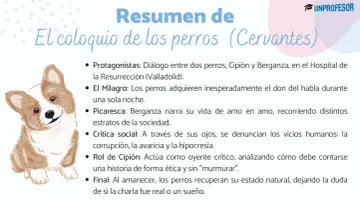 Resumen de "El coloquio de los perros": dos perros hablan, critican la sociedad y narran sus vidas. Al final, vuelven a la normalidad.