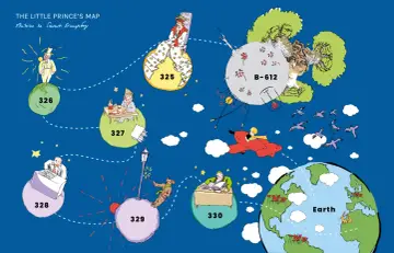 Mapa de los personajes del Principito: el rey, el vanidoso, el bebedor, el hombre de negocios, el farolero, el geógrafo y el Principito en su avión.
