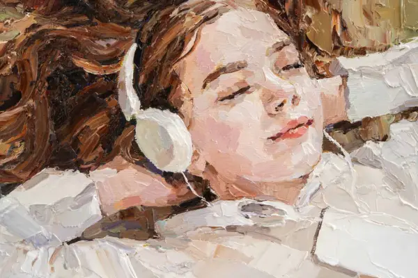 Retrato de una joven con auriculares, sumergida en el impresionismo musical. Su rostro relajado y ojos cerrados transmiten la profunda conexión con la melodía.