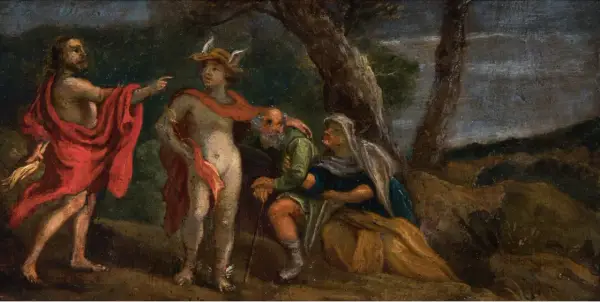 Un hombre con túnica roja señala a Mercurio, quien se dirige a una pareja de ancianos. Curiosidades del Renacimiento.