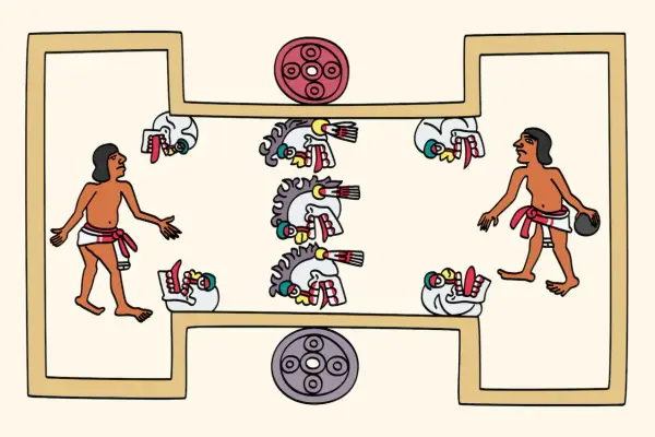 Jugadores de **deporte azteca pelota** en un juego ritual, con cabezas de serpiente y discos decorativos.