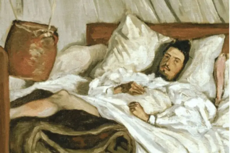 Un hombre en cama, pálido y con mirada perdida, evoca el dolor y la reflexión de "La muerte de Iván Ilich resumen".