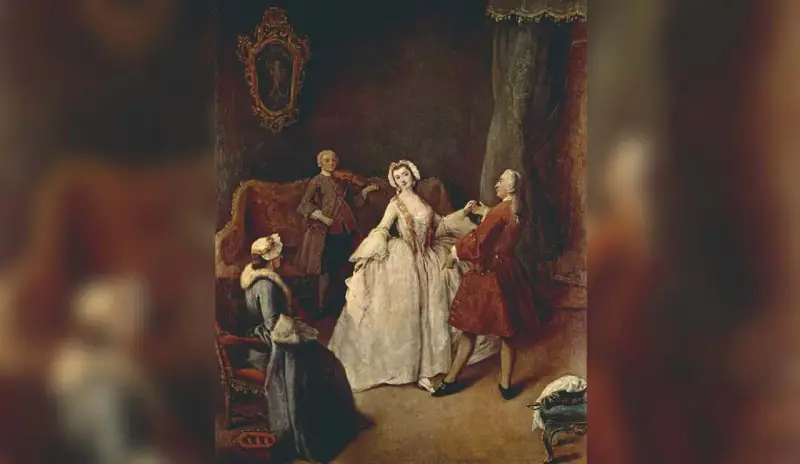 Una escena de la historia de la danza: un hombre toca el violín mientras una pareja baila y otra mujer observa.