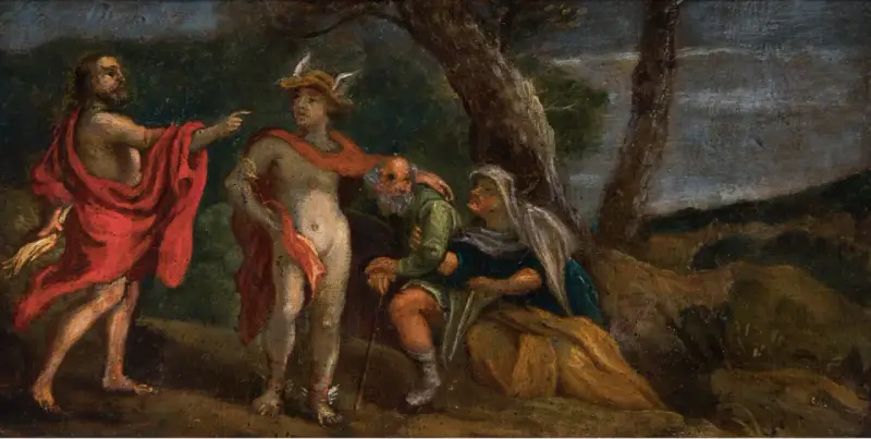 Un hombre con túnica roja señala a Mercurio, quien se dirige a una pareja de ancianos. Curiosidades del Renacimiento.