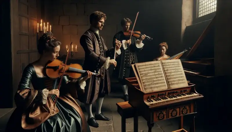 Músicos de época interpretan música en un clavecín y violines, evocando la atmósfera de los compositores del barroco.