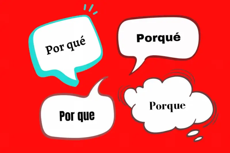 Cuatro bocadillos de diálogo en español: "Por qué", "Porqué", "Porque" y "Por que". Cada uno plantea una pregunta o respuesta diferente, explorando el significado de "por qué".