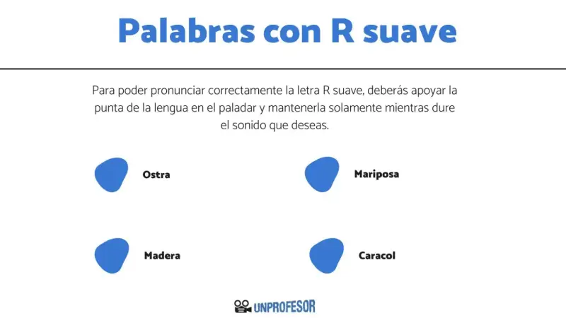 Ejemplos de palabras con R suave: ostra, mariposa, madera, caracol. Aprende a pronunciar la R suave.