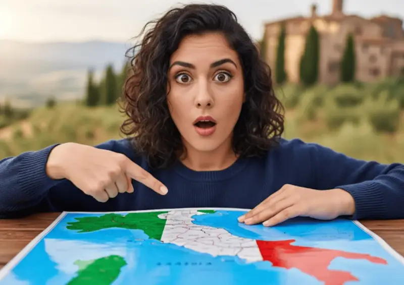 Mujer sorprendida señalando un mapa de Italia con la bandera italiana.