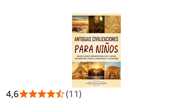 Guía de "Antiguas Civilizaciones para Niños" con imágenes de pirámides, guerreros y ruinas. Explora la edad antigua de forma divertida.