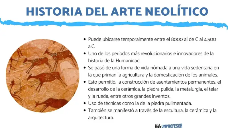 Pinturas rupestres de cazadores y ciervos, un ejemplo del arte del neolítico, que muestra la transición a la vida sedentaria y el desarrollo de la agricultura.